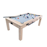 Spelbord i ek med grå filt, bollar och kö, perfekt för spel och förvaring, robust design med fyra ben