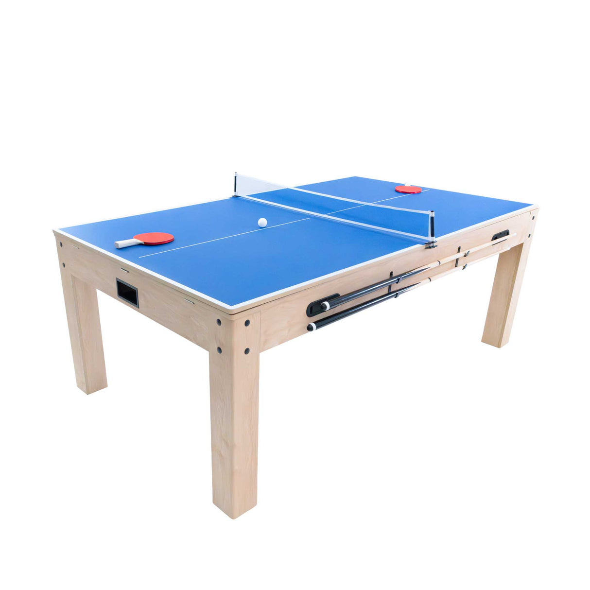 Spelbord i ek med blå yta, två pingpongracketar och en boll, perfekt för spel och förvaring med praktiska bänkar