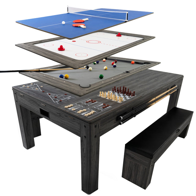 7-i-1 spelbord i grått med flera spelplaner, inklusive bordtennis, biljard och schack, samt förvaringsbänkar i samma stil