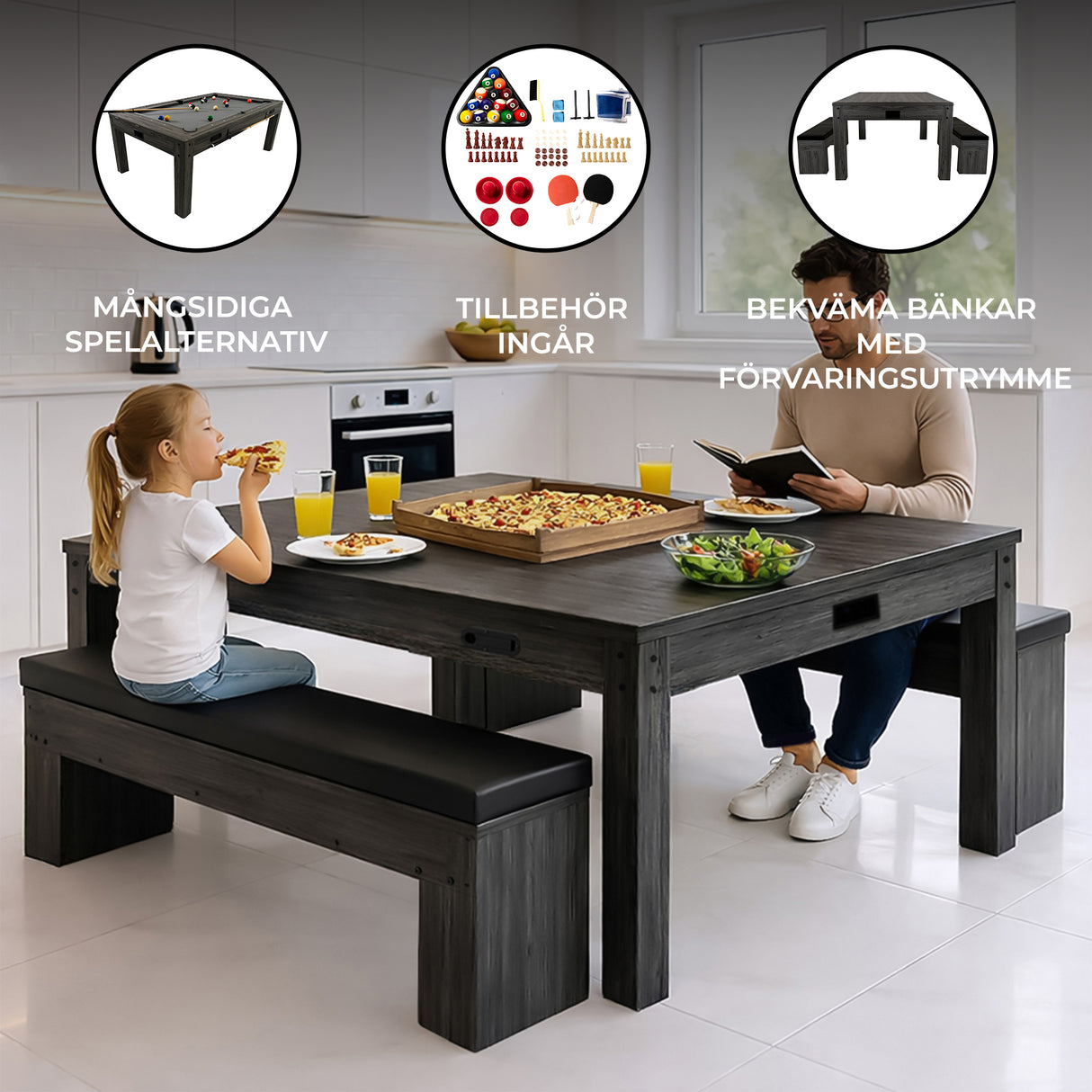 Grått 7-i-1 spelbord med förvaringsbänkar, barn och vuxen spelar, pizza och drycker på bordet, modern och stilren design