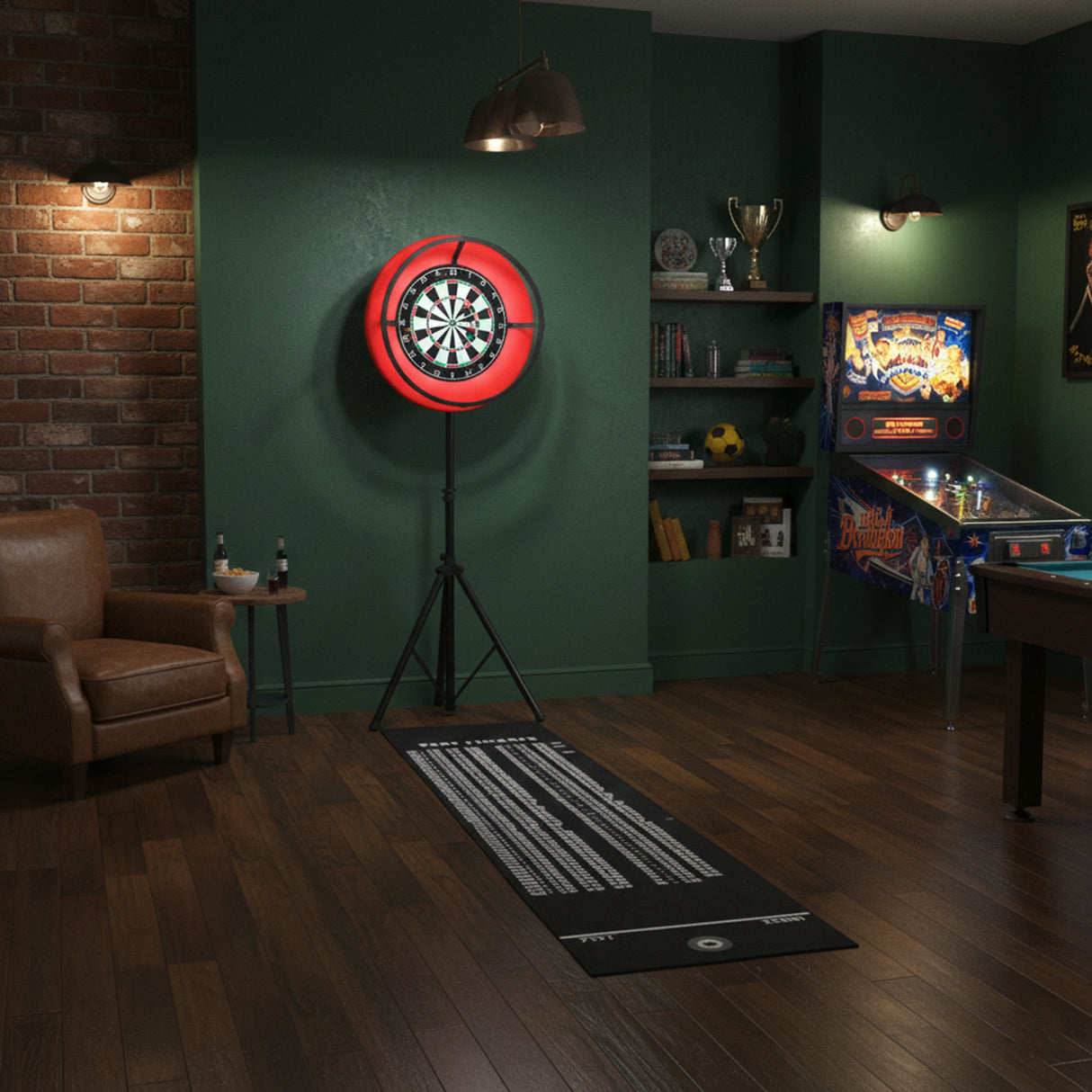 Darttavla med röd LED-belysning, placerad i en mysig spelhörna med mörkgröna väggar och trägolv, omgiven av spelutrustning
