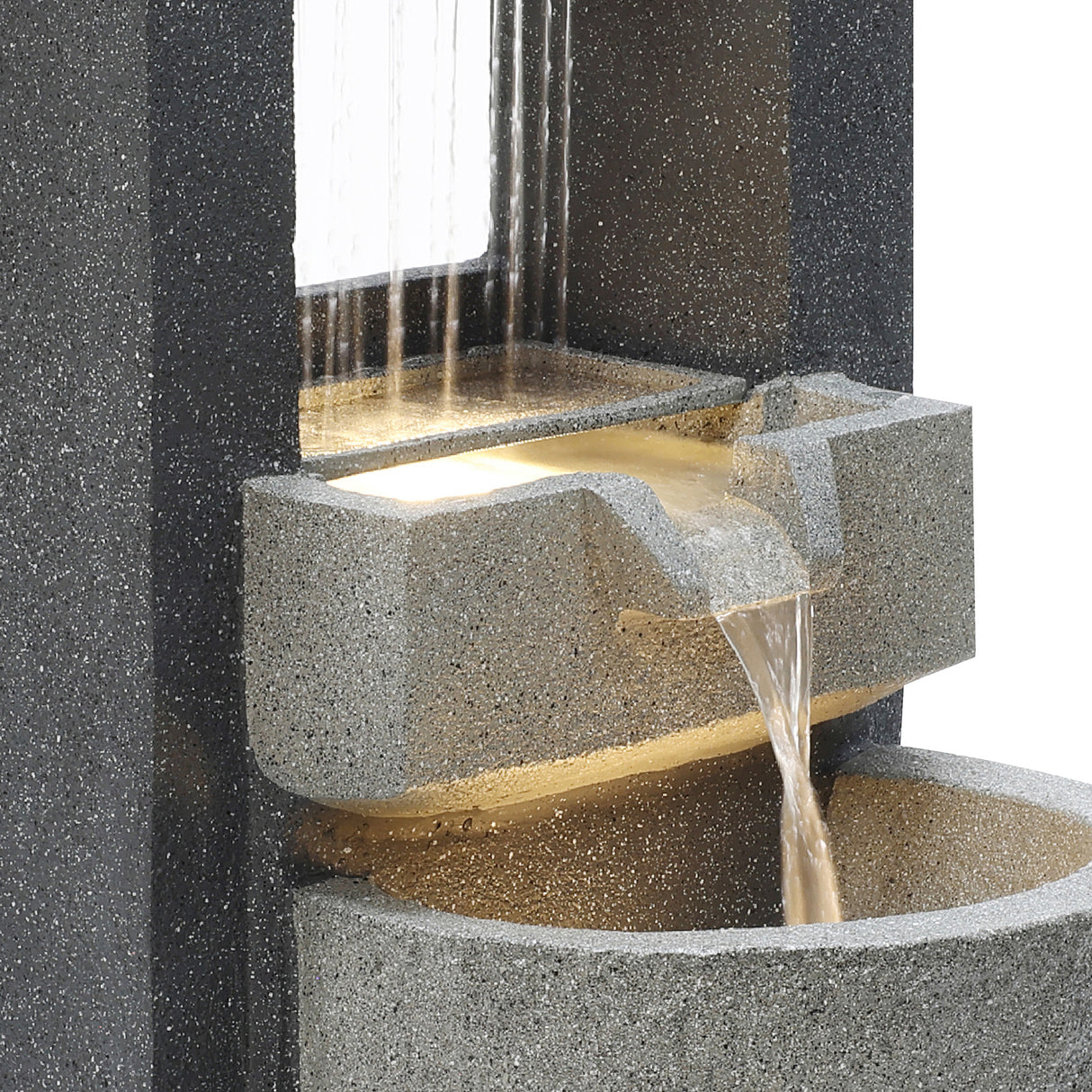 Trädgårdsfontän "Cascade Springs" i grå betong med vattenfall som rinner ner i en rund bassäng, elegant och modern design