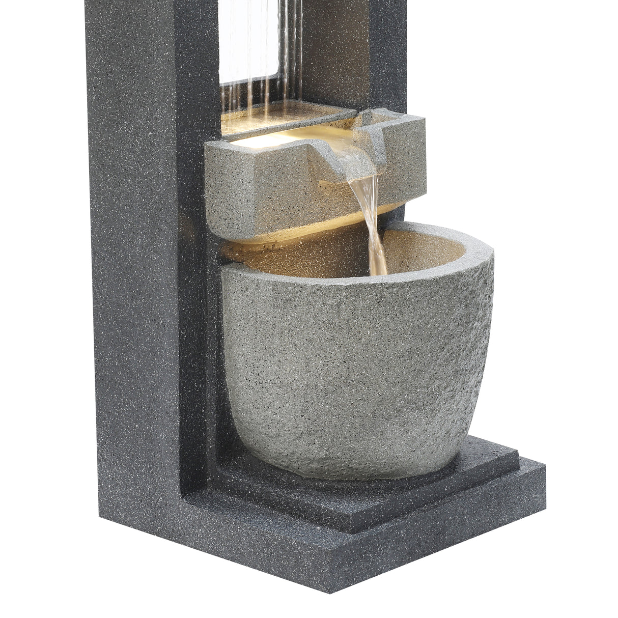 Trädgårdsfontän "Cascade Springs" i grått med strömmande vatten, rund bas och modern, minimalistisk design i betongliknande material