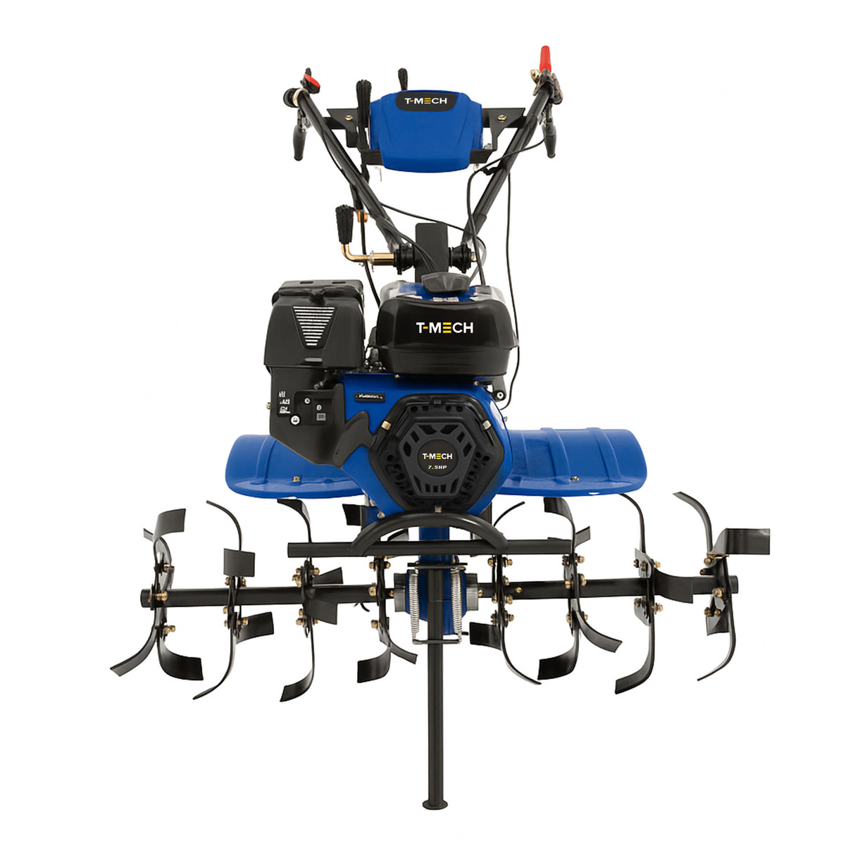 Bensindriven jordfräs med 7.5 hk, blå och svart, robust design, vassa blad och ergonomiska handtag för effektiv jordbearbetning