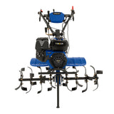 Bensindriven jordfräs med 7.5 hk, blå och svart, robust design, vassa blad och ergonomiska handtag för effektiv jordbearbetning
