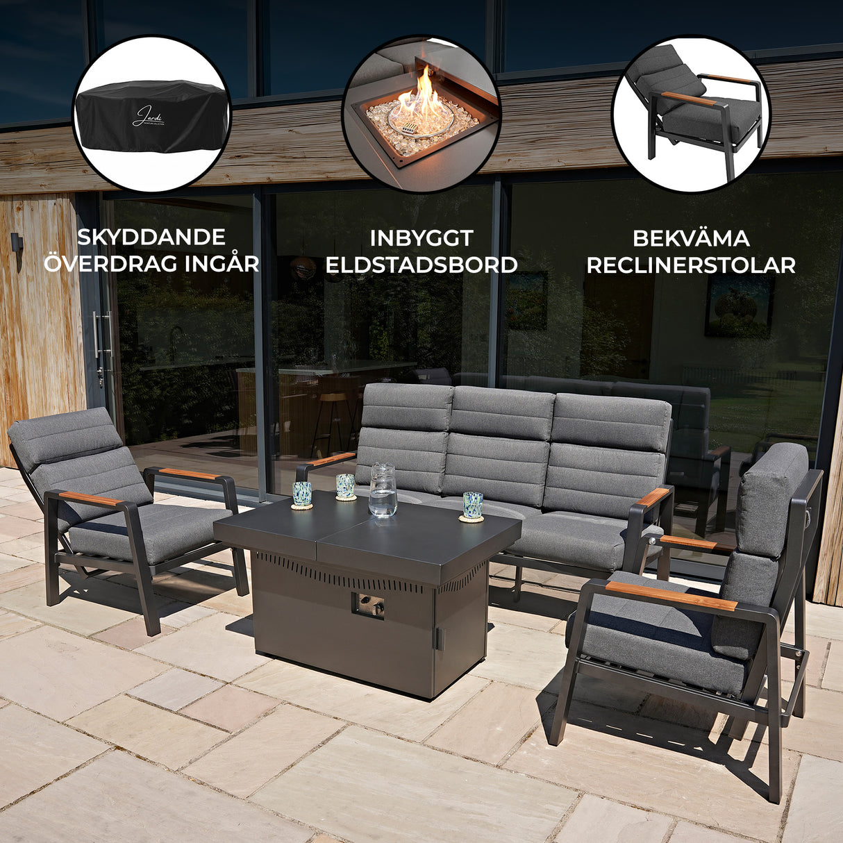 5-Sits Trädgårdsmöbelset i Aluminium med Fåtöljer och Eldbord