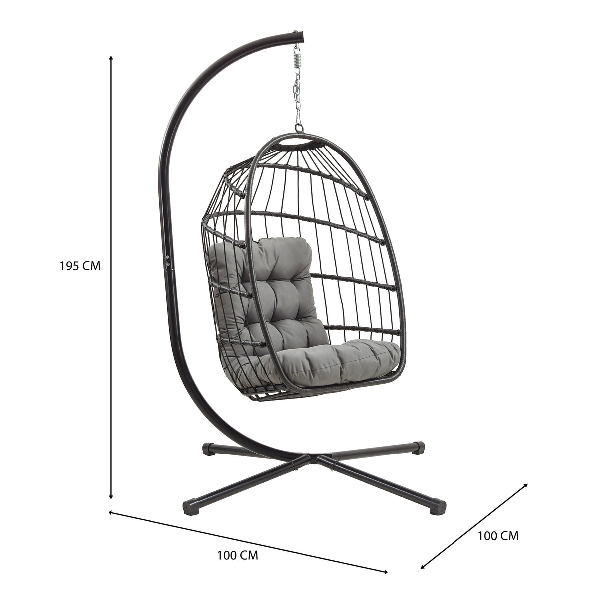 Äggformad hängstol i svart rotting med mjukt grått sittdyna, hängande från en stabil metallställning, modern och stilren design