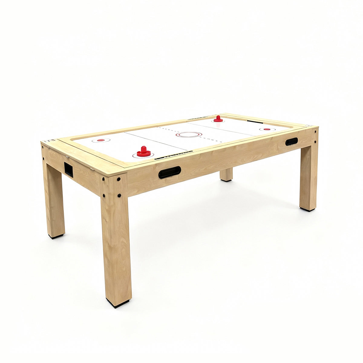 Spelbord i ek med vit spelplan, röd puck och handtag, perfekt för familjespel och underhållning i hemmet