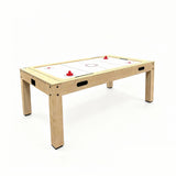 Spelbord i ek med vit spelplan, röd puck och handtag, perfekt för familjespel och underhållning i hemmet
