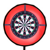 Grått spelbord med darttavla och LED-lampa, cirkulär design med röd belysning och tydliga siffror på tavlan