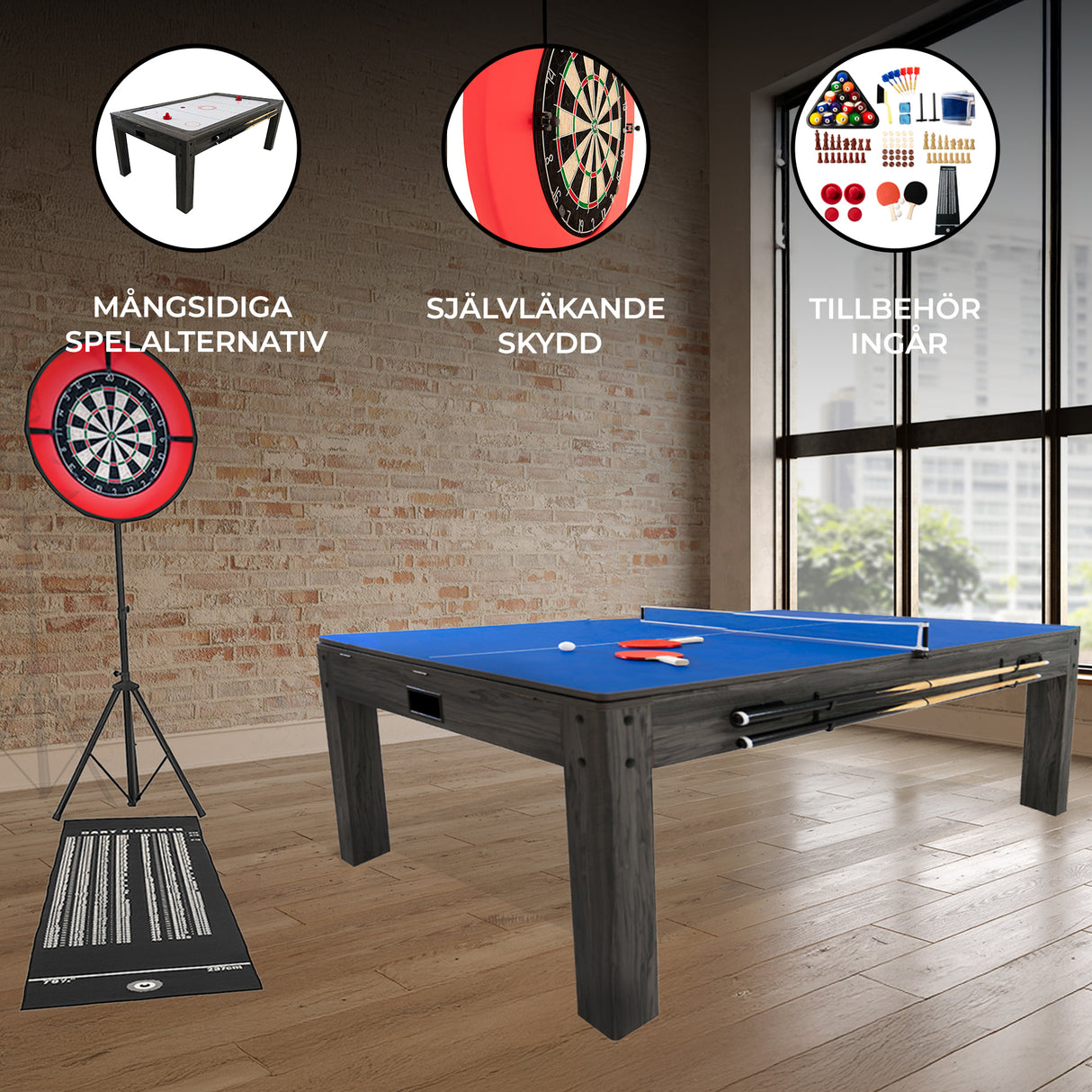 Grått 7-i-1 spelbord med blått spelområde, darttavla, LED-lampa och tillbehör för olika spelalternativ i modern inredning