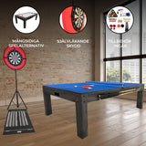 Grått 7-i-1 spelbord med blått spelområde, darttavla, LED-lampa och tillbehör för olika spelalternativ i modern inredning