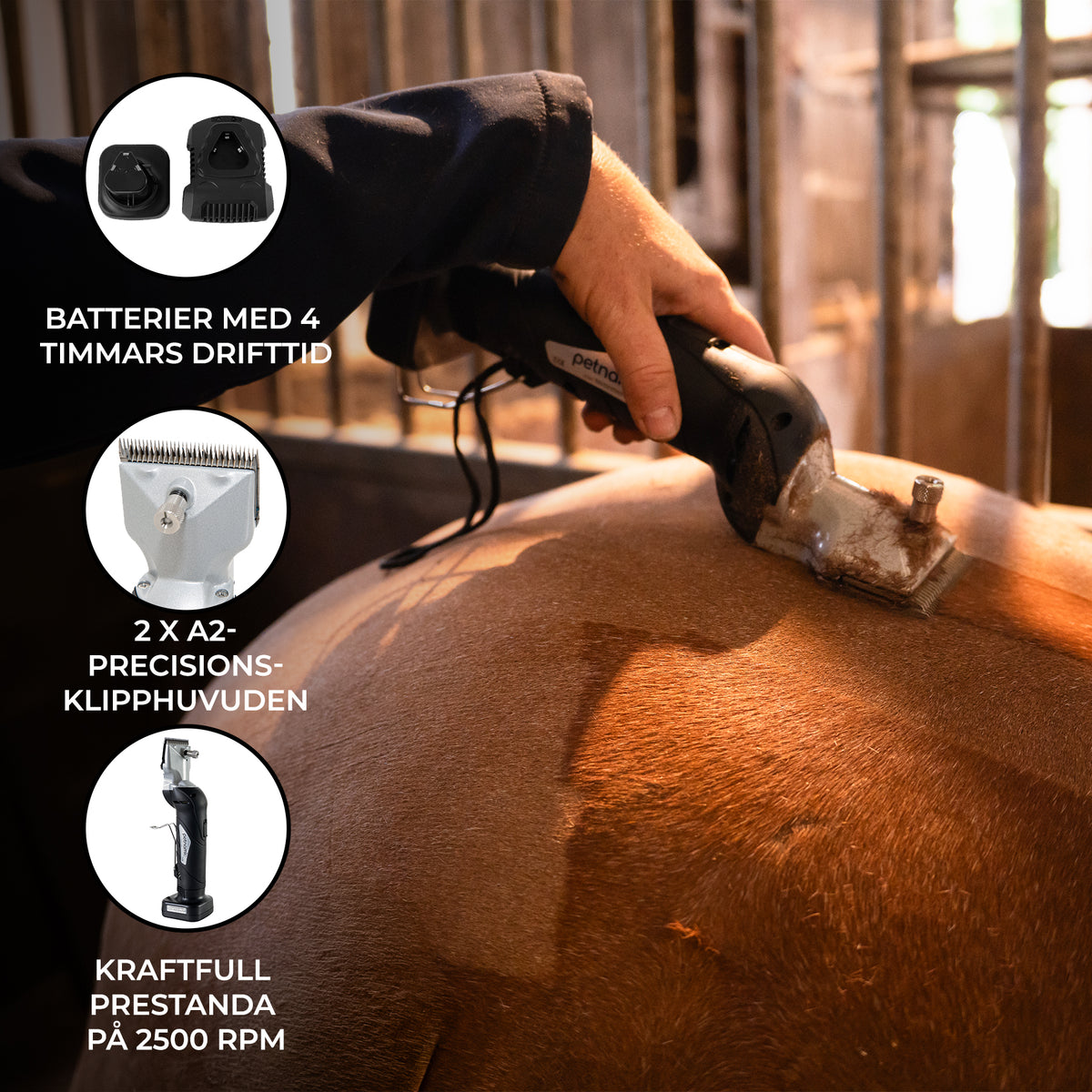Sladdlös hästklippmaskin i svart, ergonomiskt grepp, klipper effektivt med två precisionhuvuden och kraftfull motor på 2500 RPM