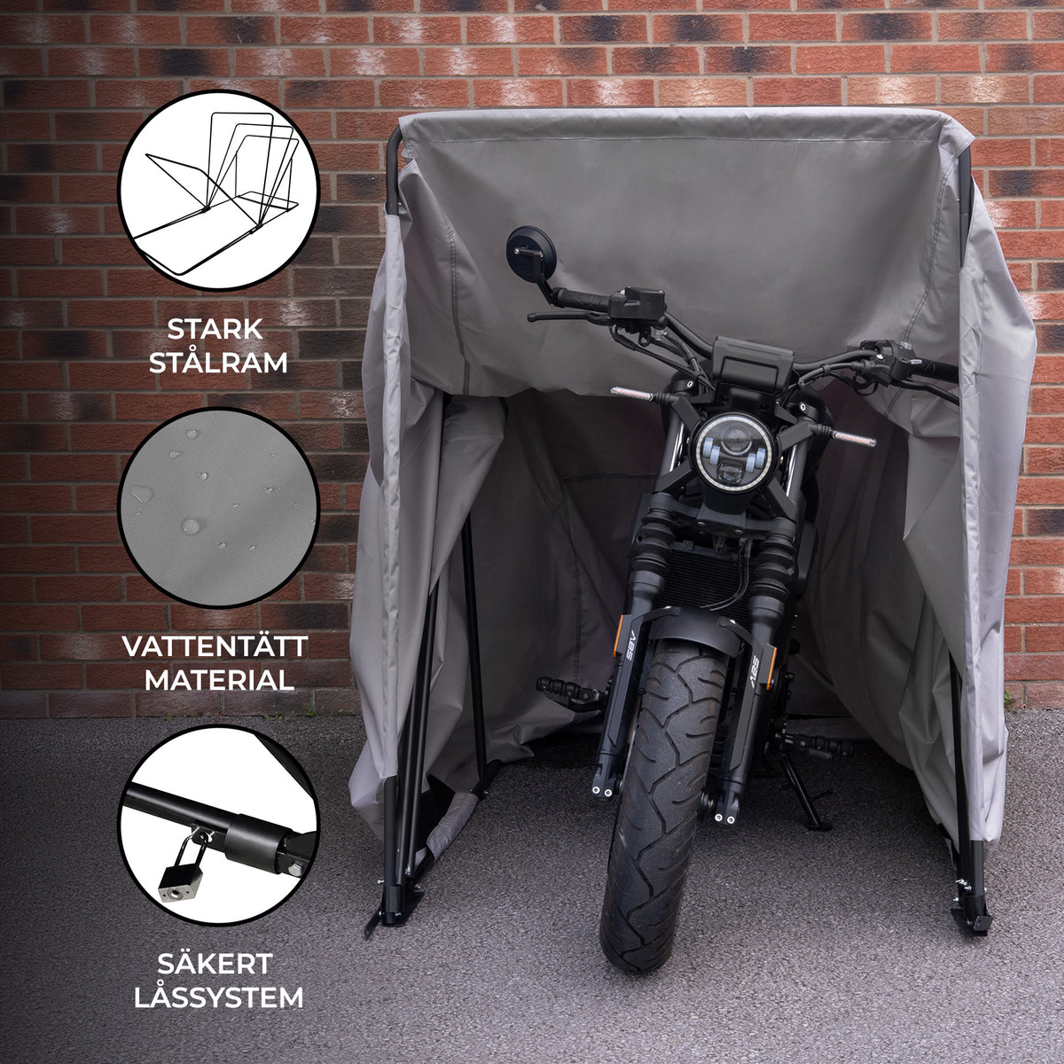 Stort grått motorcykelgarage med stark ram, vattentätt material och säkert låssystem, perfekt för skydd av motorcyklar