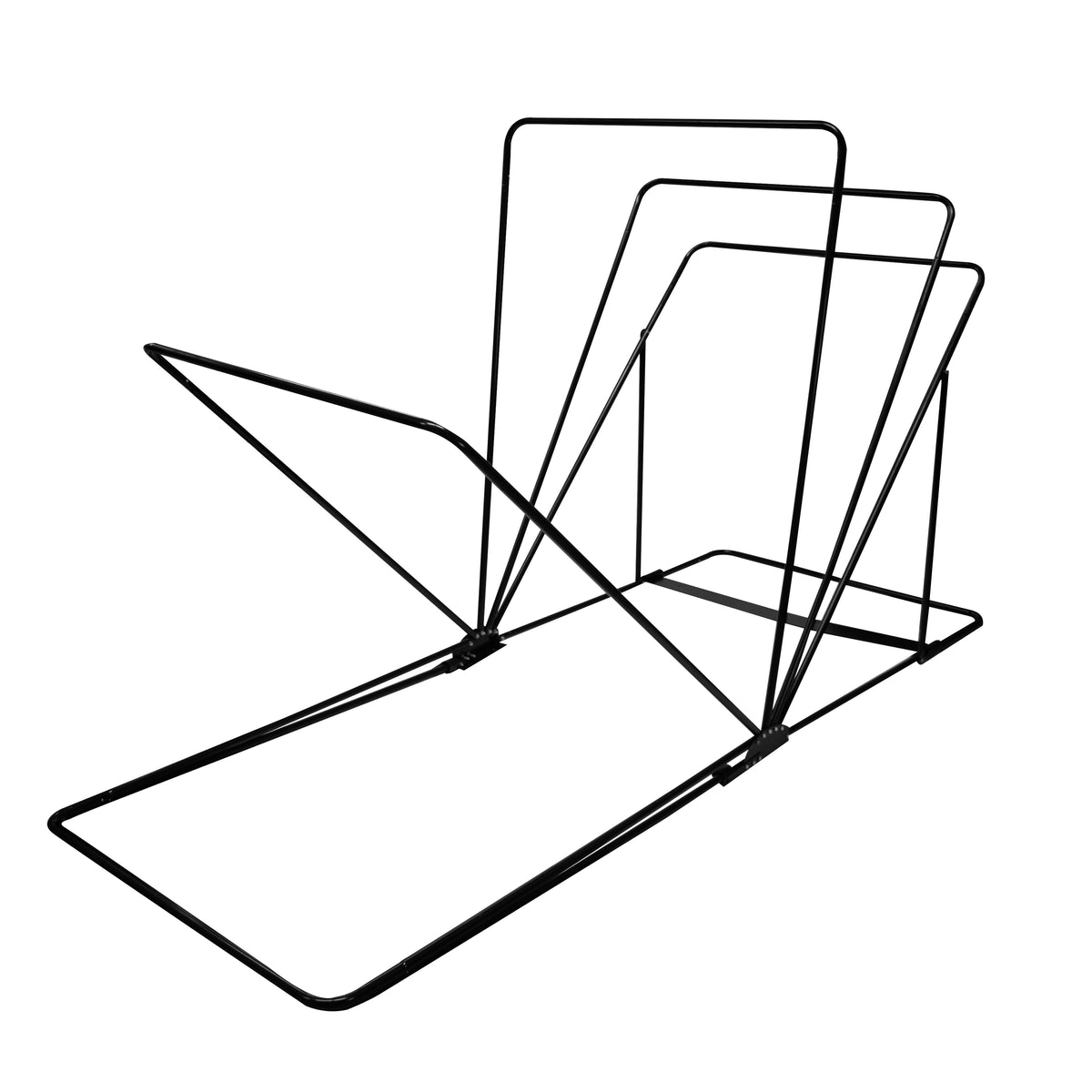 Svart, minimalistisk ställning för böcker eller dokument, med en modern design och slanka linjer, tillverkad av metalltråd