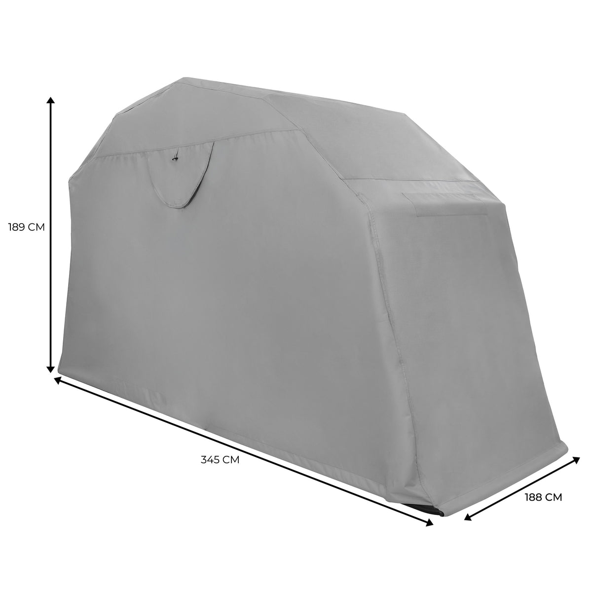Grått XL motorcykelgarage med måtten 345 cm längd, 189 cm höjd och 188 cm bredd, tillverkat av hållbart material