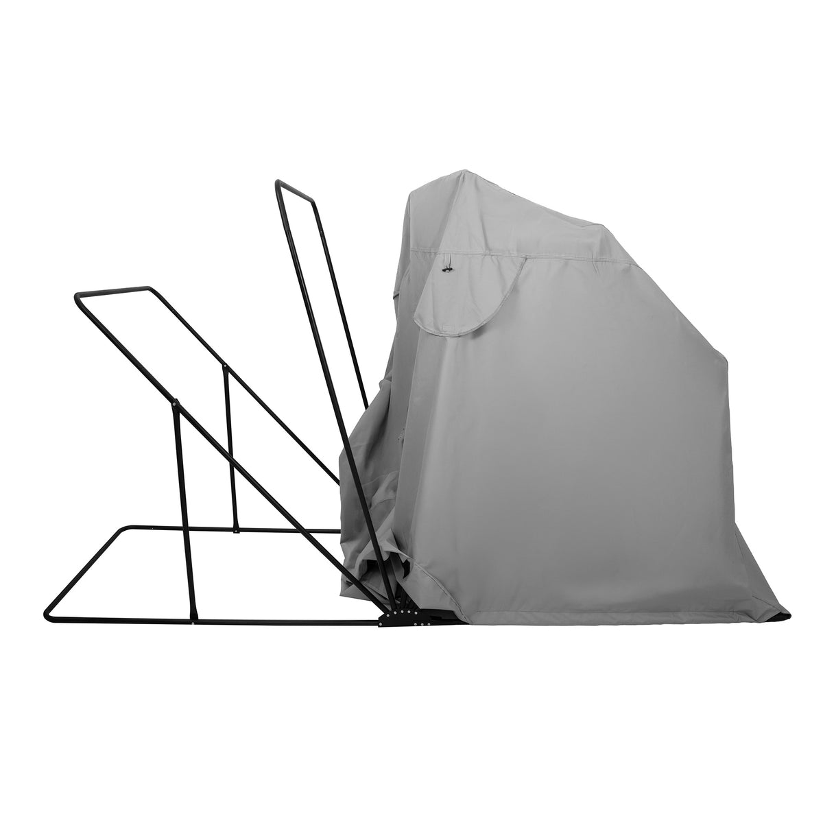 Grå campingstol med en robust svart metallram, hopfällbar design och skyddande tygöverdrag för utomhusbruk