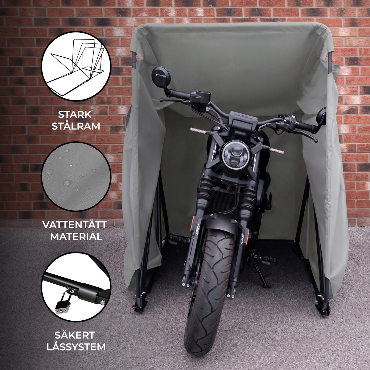 XL motorcykelgarage i grått med stark ram, vattentätt material och säkert låssystem, perfekt för skydd av motorcyklar