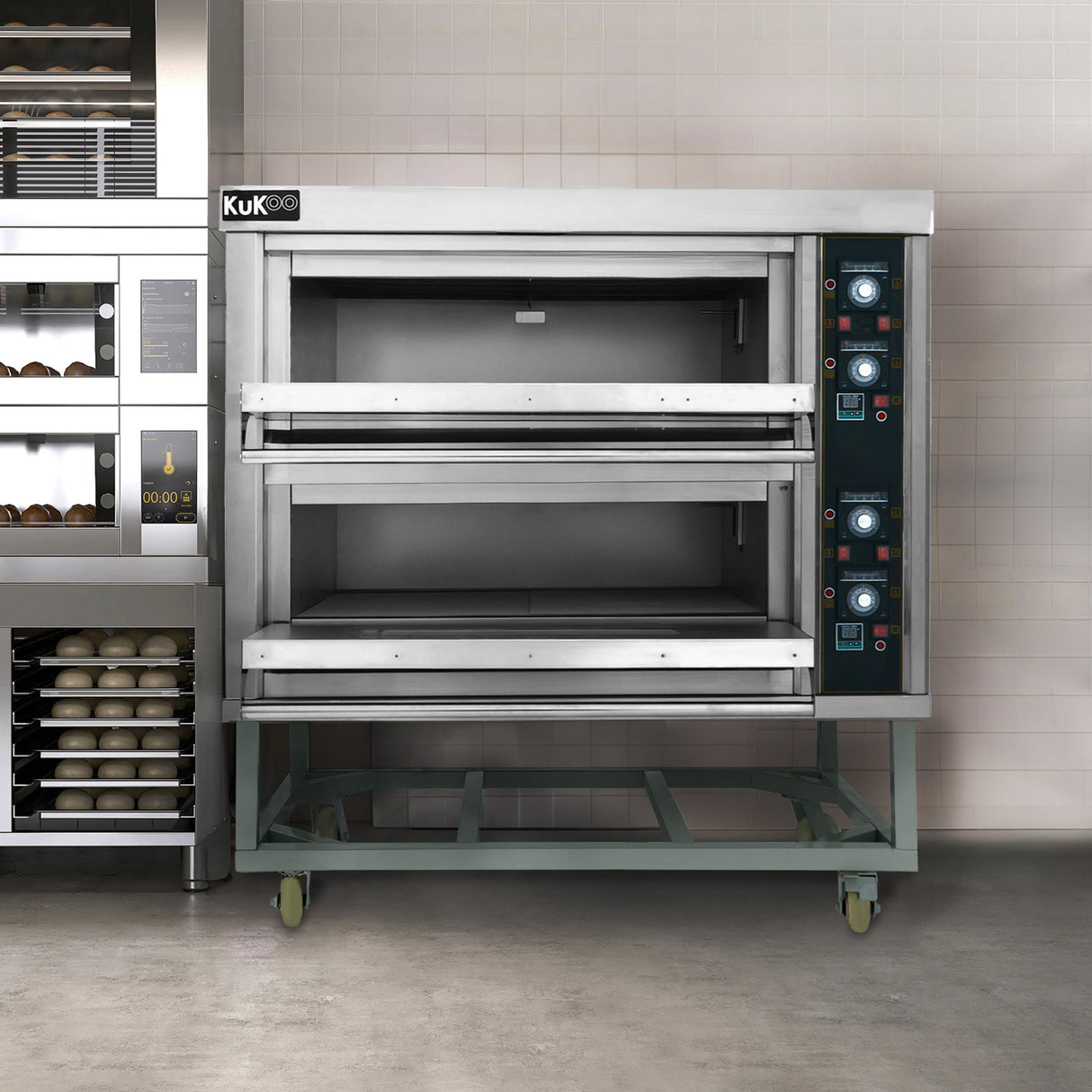 Professionell pizzaugn med två ugnar, rostfritt stål, justerbara temperaturkontroller och hjul för enkel förflyttning