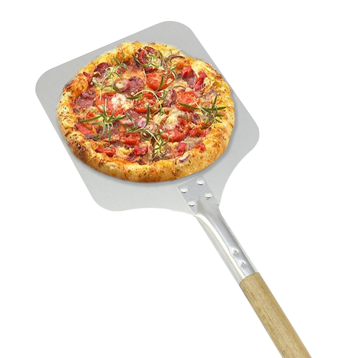 Kraftfull pizzaspade med en 22 cm stor, metallisk spade och ett hållbart trähandtag, perfekt för att servera pizza