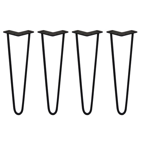 Svarta hårnålsben i metall, 40 cm långa och 10 mm tjocka, med en elegant V-formad design, perfekt för möbelstöd