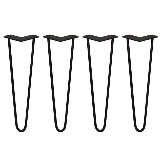 Svarta hårnålsben i metall, 40 cm långa och 10 mm tjocka, med en elegant V-formad design, perfekt för möbelstöd