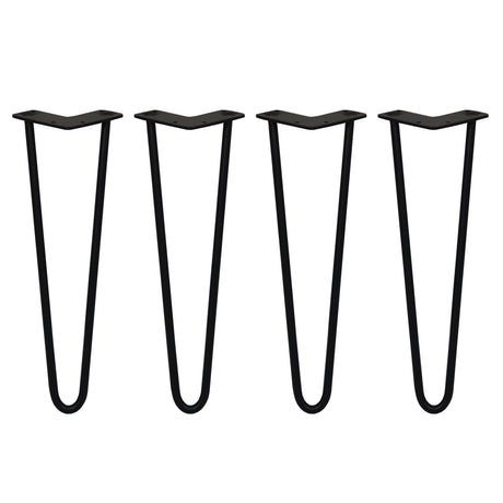 Svarta hårnålsben i metall, 40 cm långa och 12 mm tjocka, med en elegant V-form och slät yta, perfekt för möbelprojekt