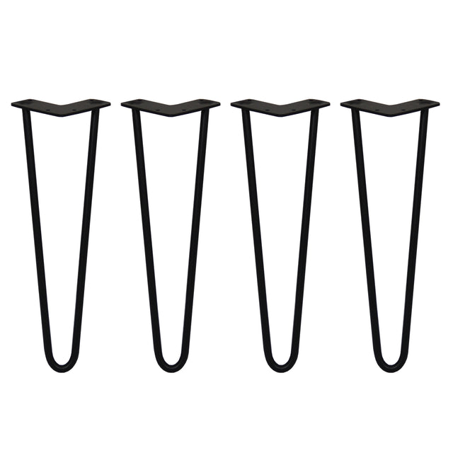 Svarta hårnålsben i metall, 40 cm långa och 12 mm tjocka, med en elegant V-form och slät yta, perfekt för möbelprojekt