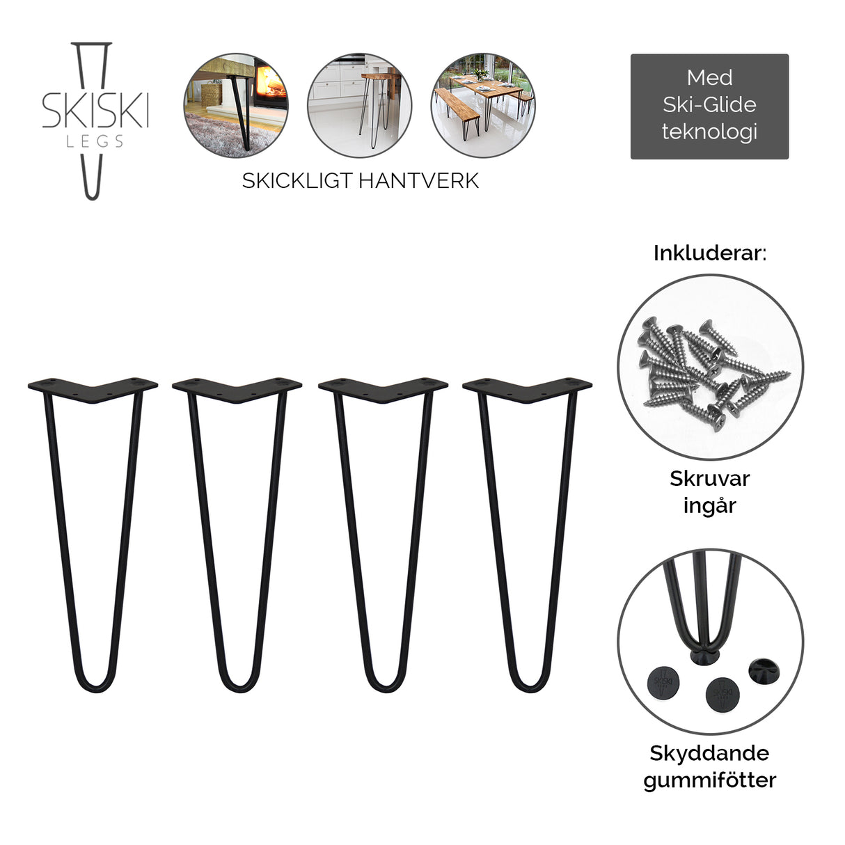 Svarta hårnålsben i metall, 35 cm långa, med en elegant V-form och gummifötter för stabilitet, perfekt för möbelbygge