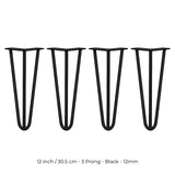 4 x 30 cm Hårnålsben - 3 Stänger - 12 mm - Svart