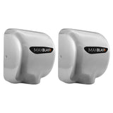 Två moderna, glänsande handtorkar i rostfritt stål med svart och orange MaxBlast-logotyp, designade för effektiv torkning
