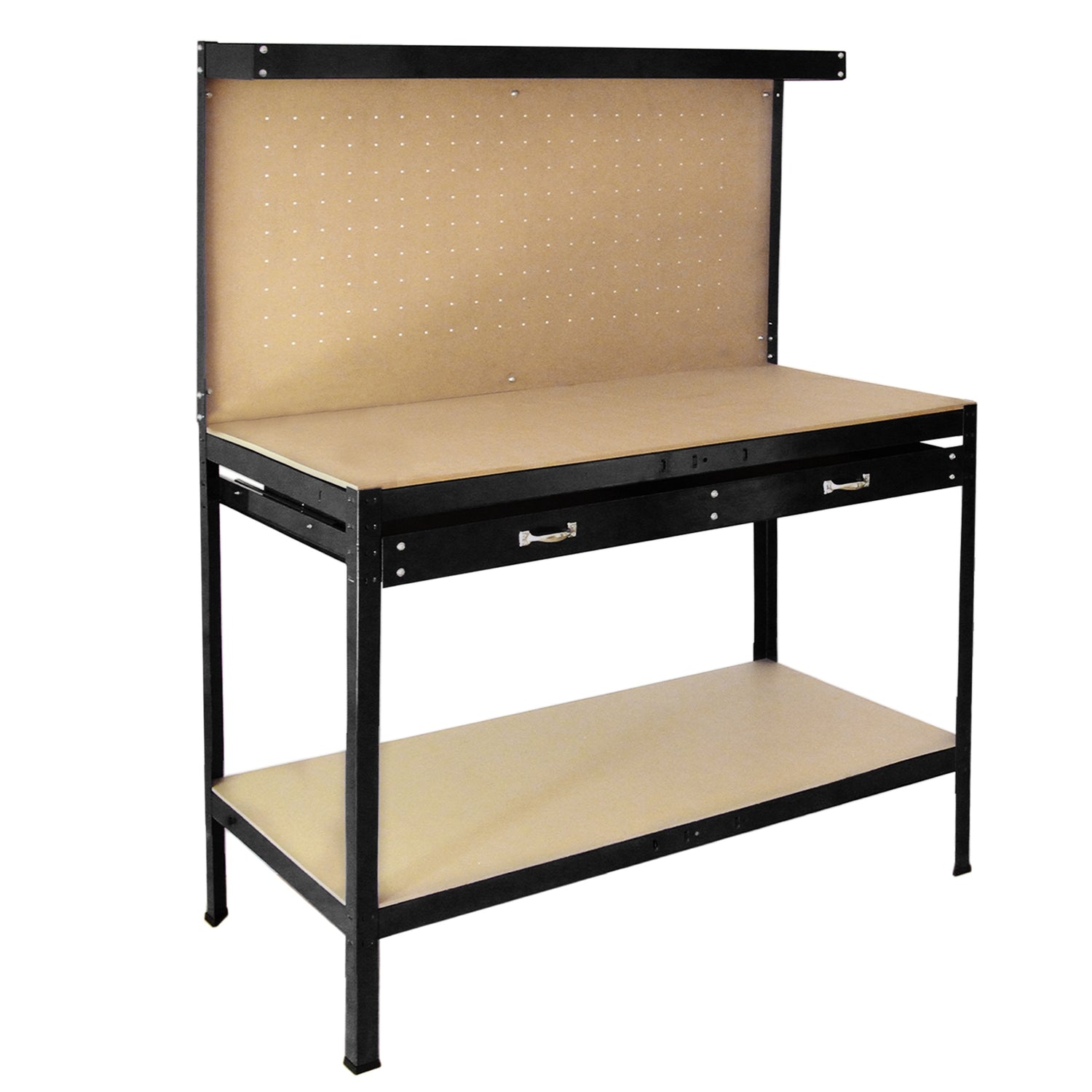 Arbetsbänk med Verktygstavla & Låda i Svart