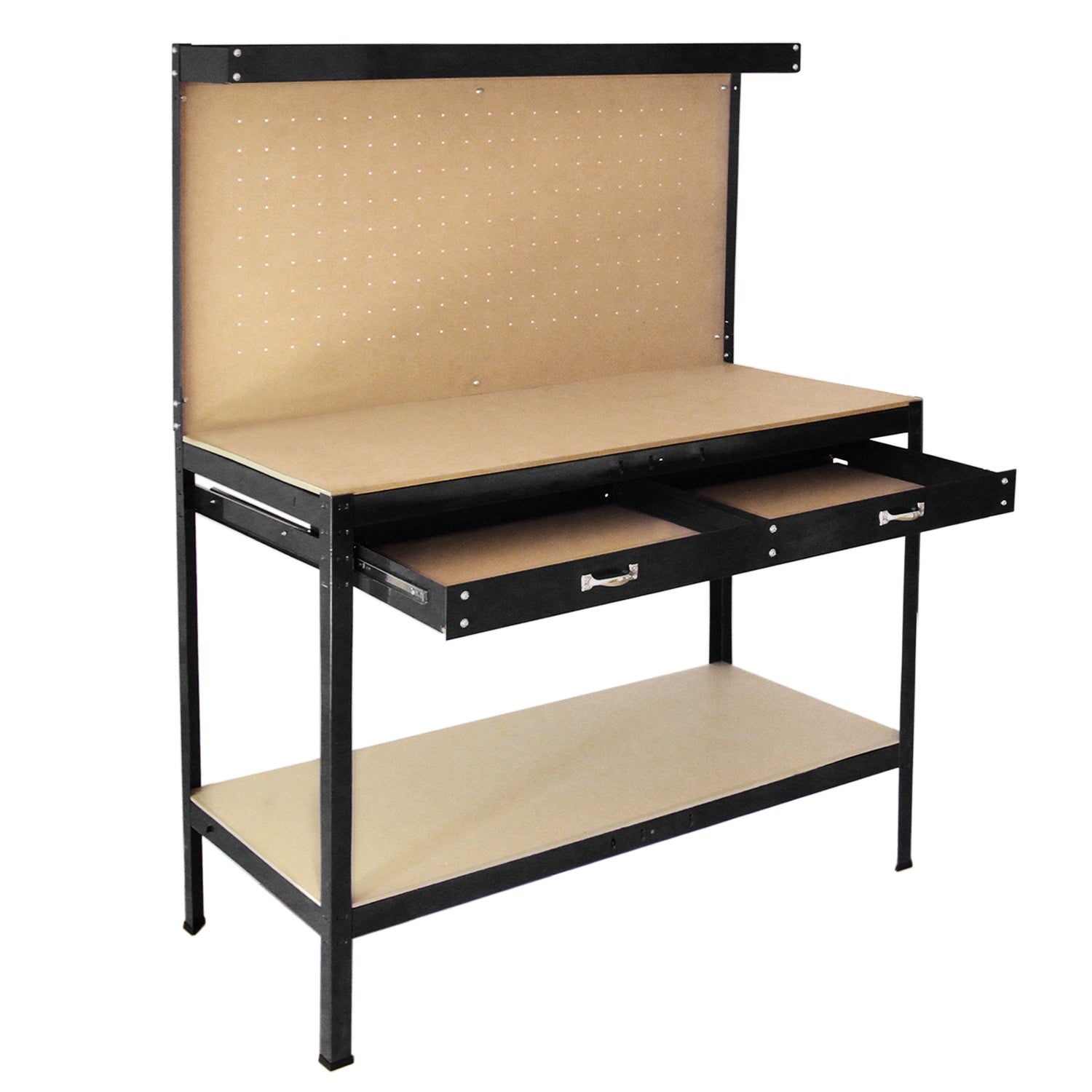 Arbetsbänk med Verktygstavla & Låda i Svart