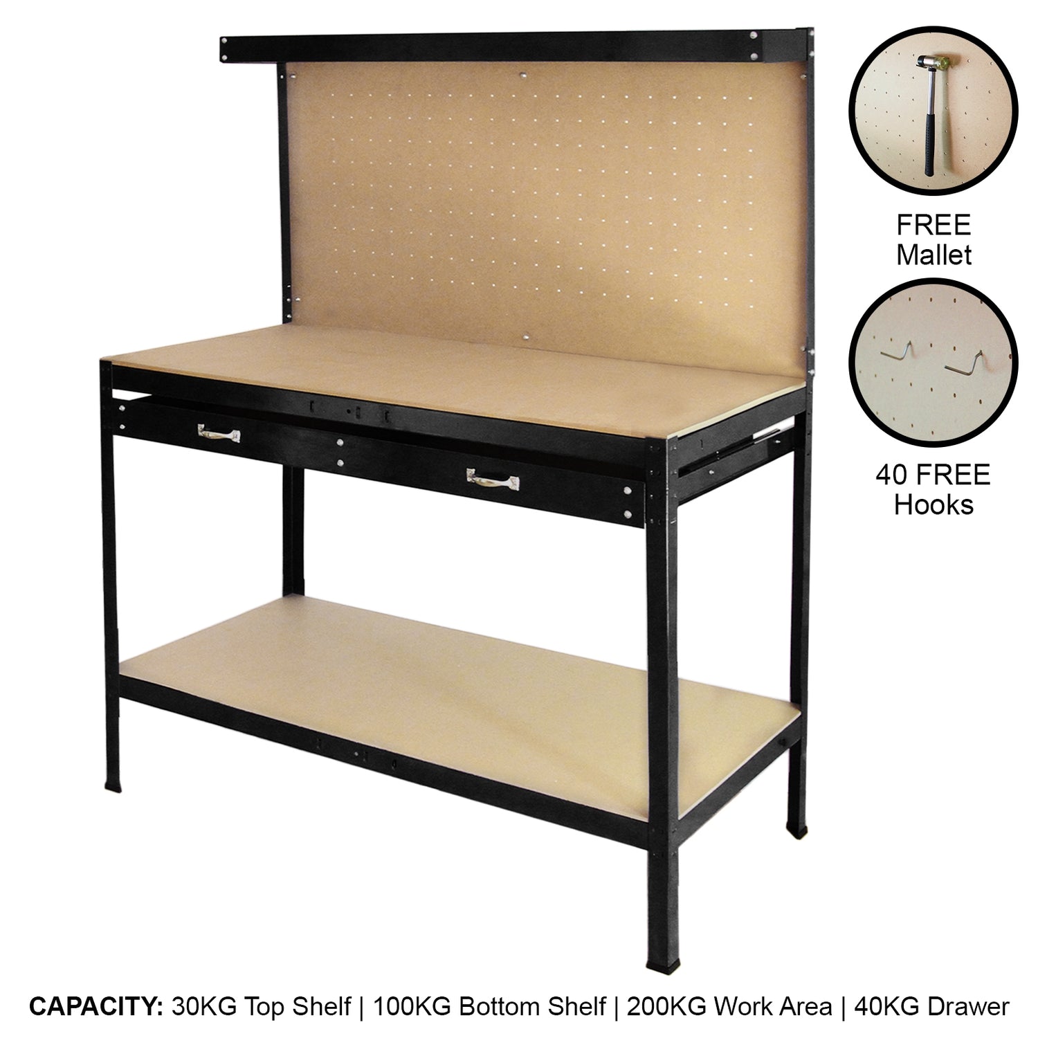 Arbetsbänk med Verktygstavla & Låda i Svart