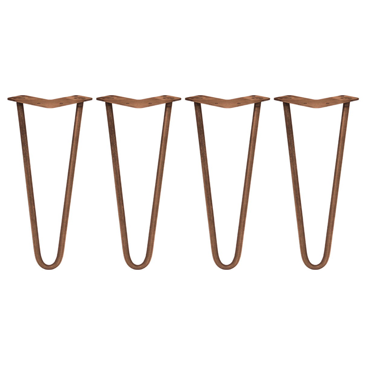 Kopparfärgade hårnålsben i set om fyra, 30 cm långa, med en elegant V-form och slät yta för stabila möbelben