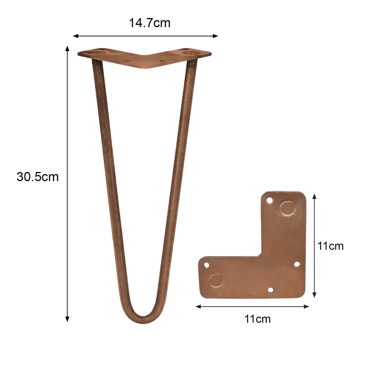 Kopparfärgade hårnålsben i metall, 30,5 cm långa och 10 mm tjocka, med en stabil V-form och fäste för enkel montering