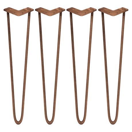 Kopparfärgade hårnålsben i metall, 71 cm långa, med en elegant V-form och rundade kanter, perfekta för möbelbygge