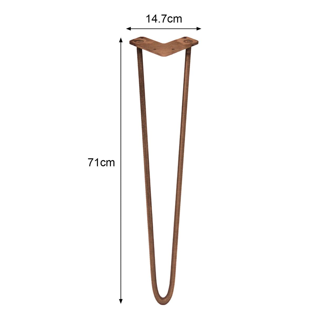 Kopparfärgad hårnålsben med två stänger, 71 cm långa och 12 mm tjocka, med en V-formad topp för stabilitet och stil