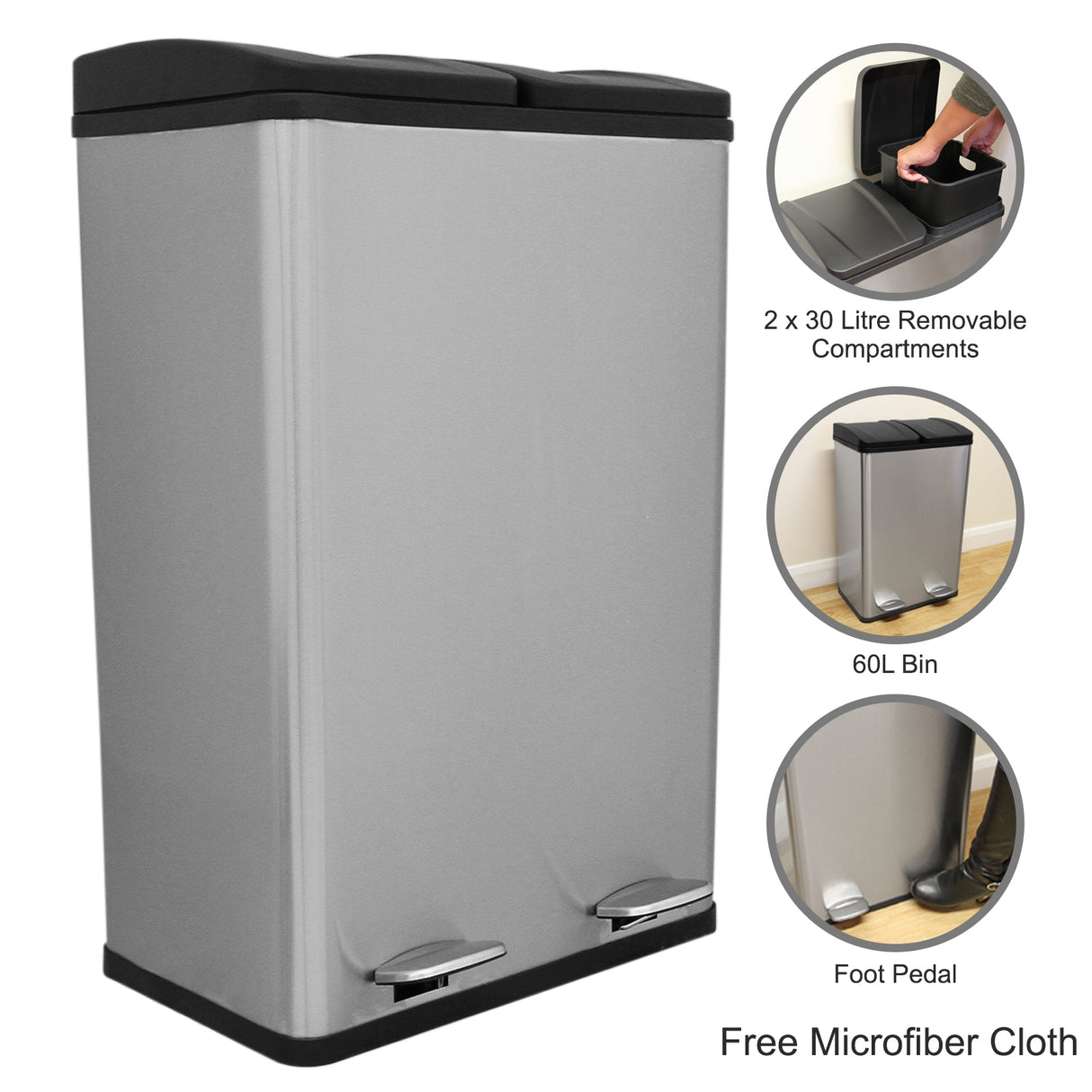 60 L Dubbla Soptunnor med pedaler | Silver