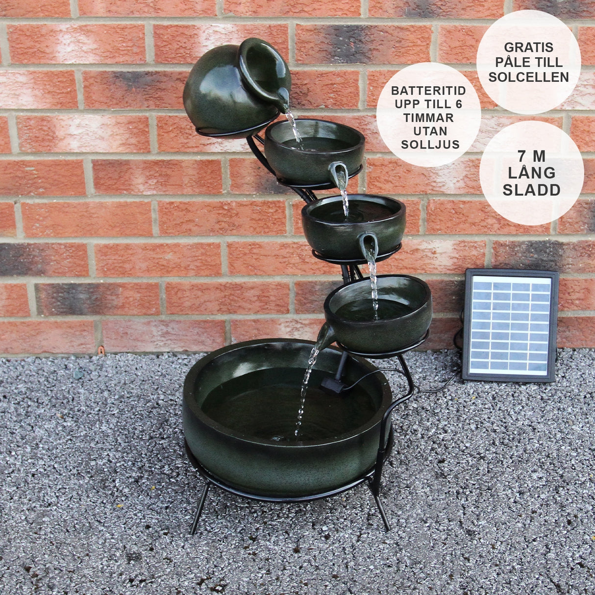 Fontän Rinnande Skålar med Solcell - Grön
