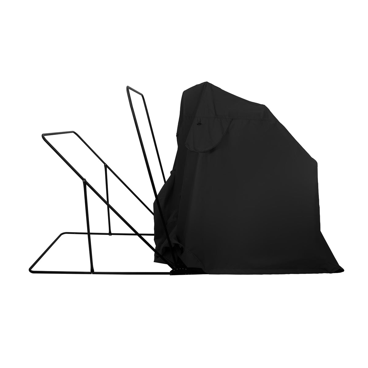 Svart skyddande överdrag i slitstark polyester för trädgårdsmöbler, med en stabil metallram och en modern, minimalistisk design