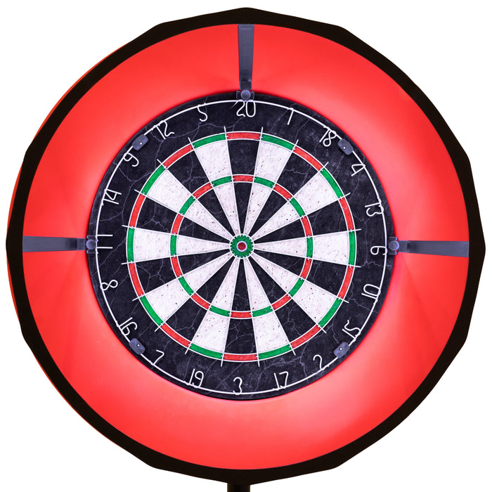 Målskiva med svart och vit spiraldesign, omgiven av en röd ram och belysning, perfekt för dartspel och inredning