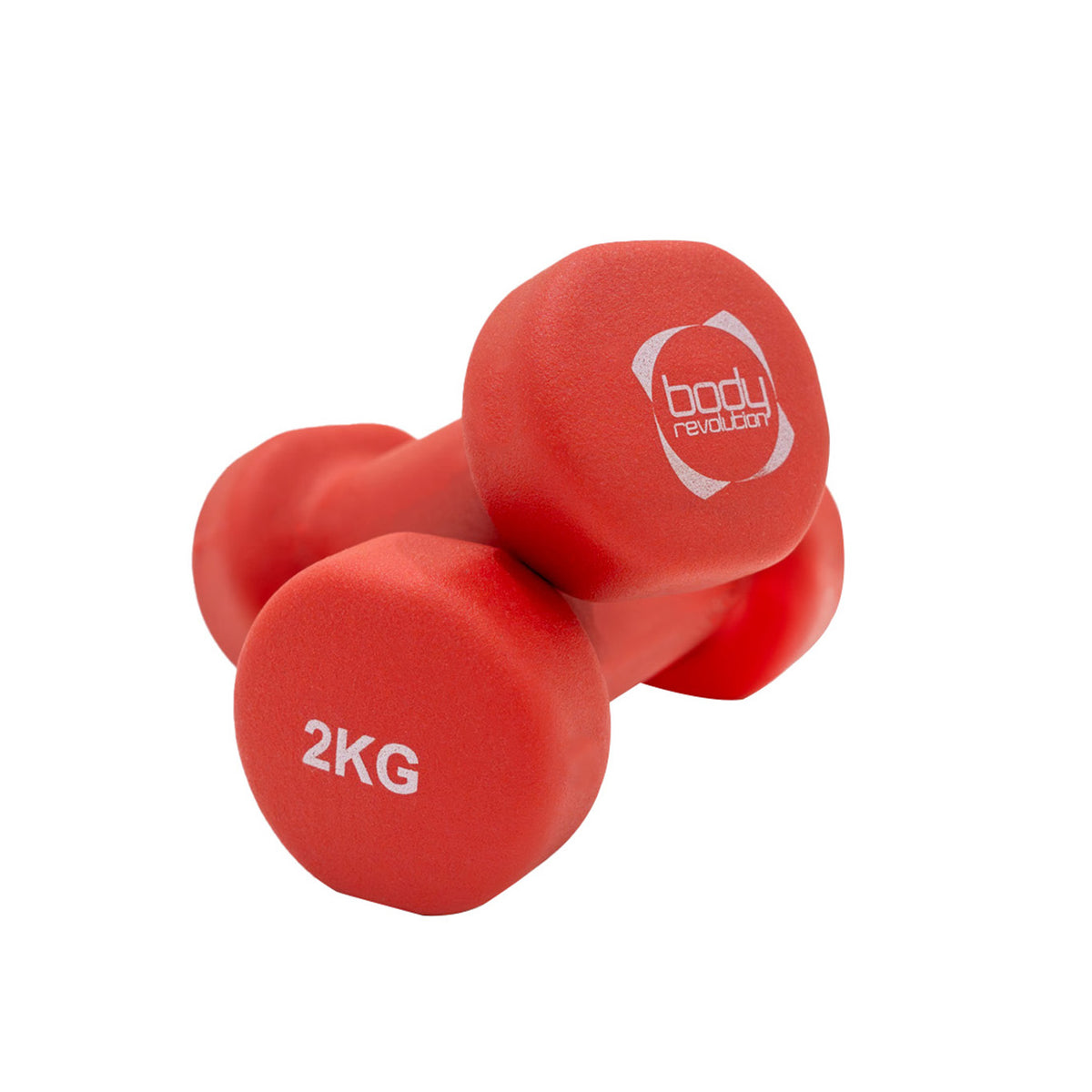 Röda neoprenhantlar på 2 kg med mjuk yta, rund form och tydlig viktmarkering, perfekt för träning och styrketräning