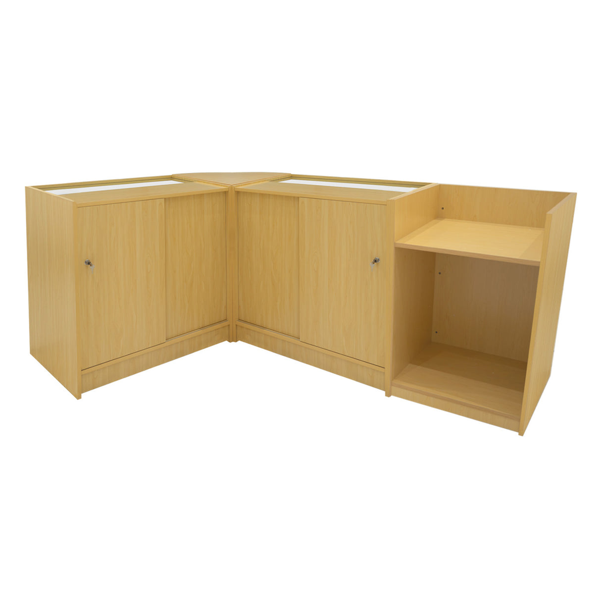 "PHOENIX" Set med LED-belysta Butiksmoduler CM60 + 2xC900 + TB60 – Lönnfärgad finish