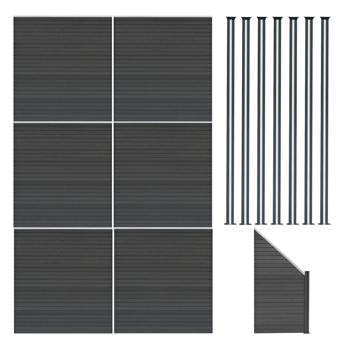 Staket för utomhusbruk i WPC och aluminium – 6x fyrkantig paneler + 1x sned panel + 7 stolpar med LED| Grå