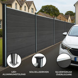 Staket för utomhusbruk i WPC och aluminium – 10x fyrkantig paneler + 1x sned panel + 11 stolpar med LED| Grå