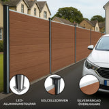 Staket för utomhusbruk i WPC och aluminium – 2x fyrkantig paneler + 1x sned panel + 3 stolpar med LED| Brun