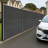 Staket för utomhusbruk i WPC och aluminium – 1x fyrkantig panel + 1x sned panel + 2 stolpar med LED| Grå