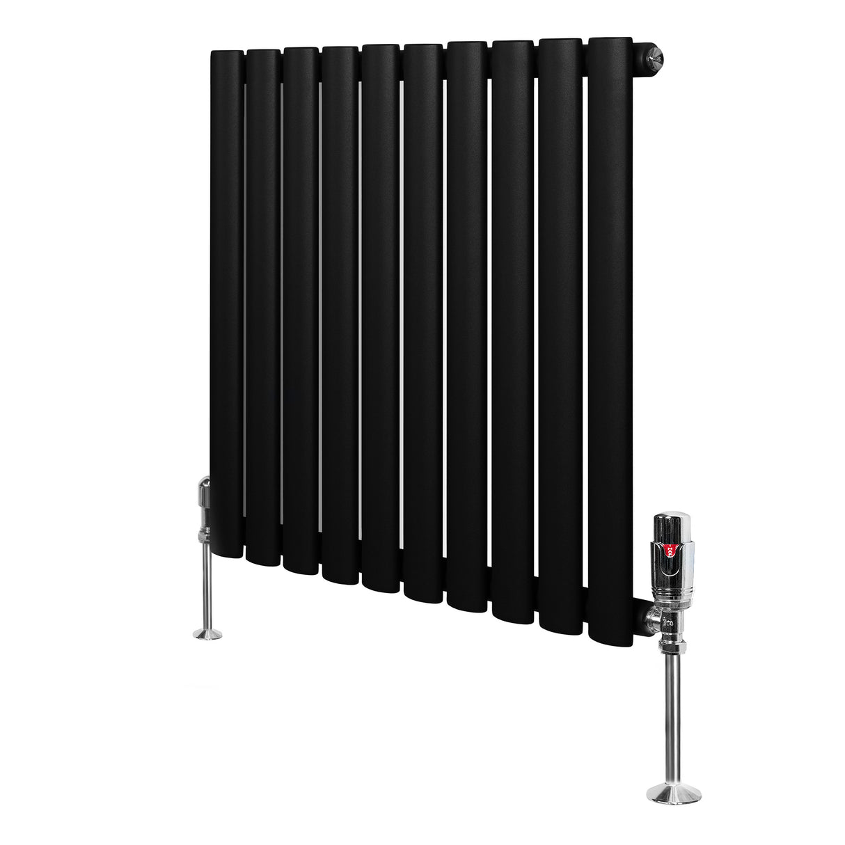 Oval svart enkelkolonnsradiator med släta, cylindriska sektioner och glänsande ventiler, 600 mm x 600 mm, modern design