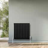 Svart oval enkelkolonnsradiator med sju vertikala ribbor, installerad på en grön vägg, med kromade ventiler nedtill